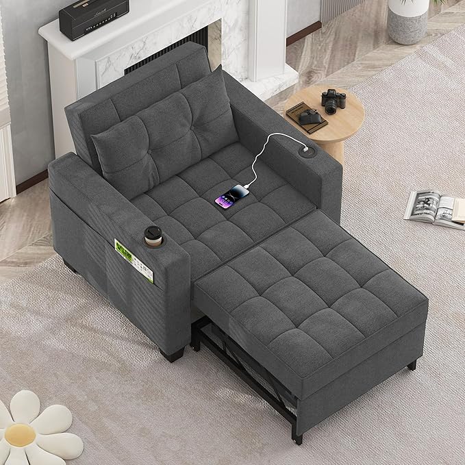 DURASPACE Pull Out Sofa Bed 3-in-1 Convertible Sofa Sleeper Chair Bed with USB, Cup Holder, Adjustable Armchair Beds for Small Spaces, Apartment, Living Room, Office (Dark Gray Linen)