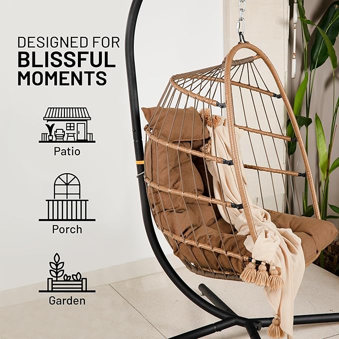 SereneLife Egg Chair with Stand – Hanging Rattan Wicker Swing for Indoor Outdoor Use – 350 lbs Capacity, Breathable Cushion & Headrest – Patio, Balcony, Porch, Bedroom Lounge Furniture