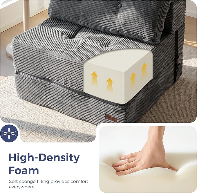 MAXYOYO Folding Sofa Bed, Convertible Sofa Bed with High-Density Support Foam, Portable 4 in 1 Fold Out Chair to Floor Lounger, Versatile Floor Couch for Living Room Bedroom, Dark Grey