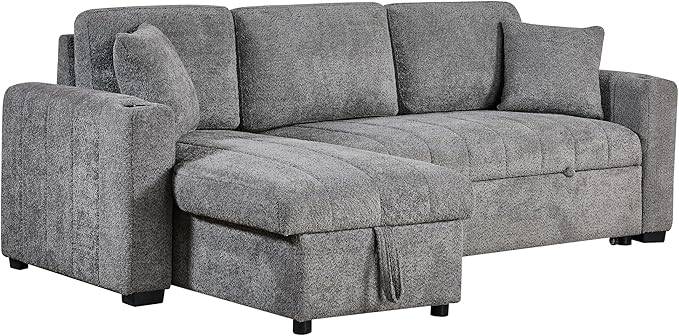 ERYE 96-Inch Oversized Reversible Corner Sleeper Sectional Sofa Bed for Living Room Office,L-Shaped Boucle Upholstered Convertible Pull Out Sleeper Couch Bed W/Storage Chaise | Cupholders, USB-C Ports, Channel Tufted