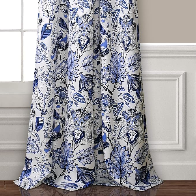 Lush Decor Cynthia Jacobean Darkening Window Curtains Set for Living, Dining Room, Bedroom, 95" L Panel Pair, Blue