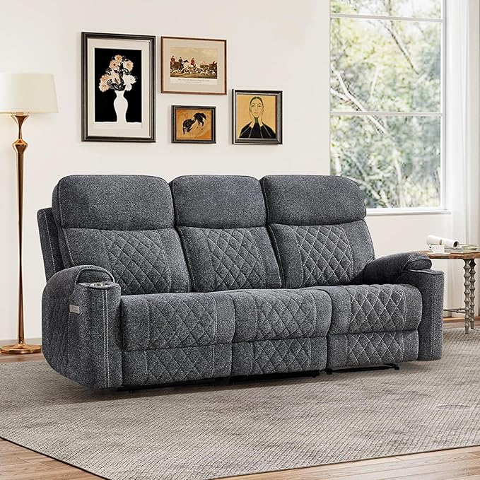 HAOMARKETS Power Oversized Reclining Sofa Couch with Cup Holders, Breathable Fabric 3-Seater Electric Recliner Couches with USB and Type-C Charging Ports for Living Room, Dark Grey