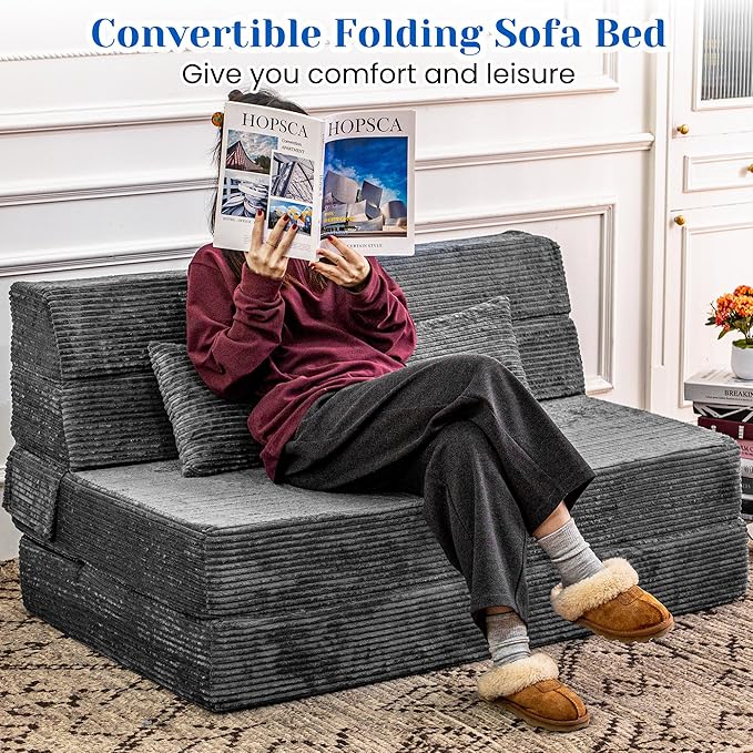 Cvortll Folding Sofa Bed, Convertible Sleeper Chair with Pillow, High Density Memory Foam Fold Out Couch, Foldable Mattress Futon Sofa for Living Room/Dorm/Guest Use/Apartment/Home Office