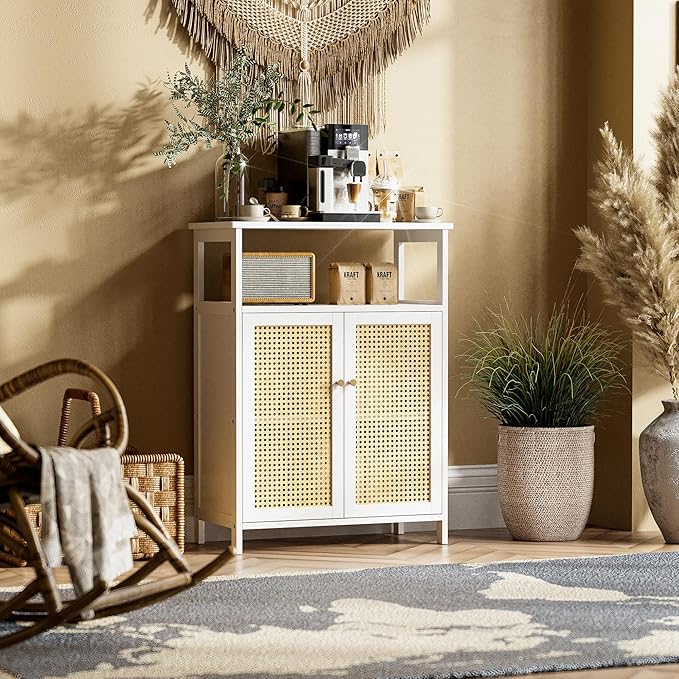 HITNET Bamboo Cabinet, Rattan Storage Cabinet with Doors, Freestanding Floor Cupboard for Bathroom, Living Room, Hallway, White