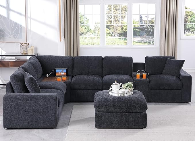 Ball & Cast 127" Oversized Modular L-Shaped Sectional Sofa,Large Chenille Upholstered Couch 7 Seat with Ottoman,Cup Holders&USB Ports,Comfty Sectionals W/Pillows&Storage Box,for Living Room,Dark Gray
