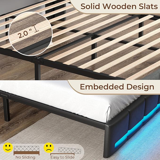 Rolanstar Queen Size Bed Frame with LED Lights and Charging Station, Upholstered Headboard with 2-Tier Storage Shelves, Heavy Duty Metal Frame, Noise-Free Support, Easy Assembly, No Box Spring Needed
