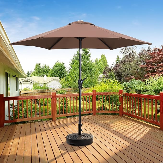 HYD-Parts 9FT Patio Umbrella Outdoor Table Umbrella,Market Umbrella with Push Button Tilt and Crank for Garden, Lawn, Deck, Backyard & Pool, with a Base (Coffee)