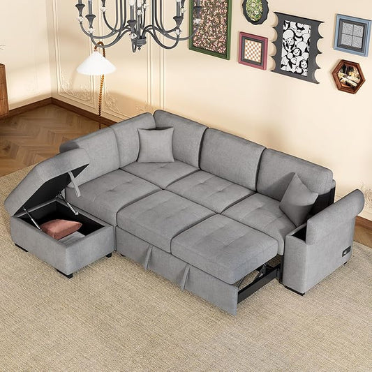 Merax Sofa Bed Sleeper Couch L Shaped Sofa with Storage Ottoman, L-Shape Sectional Couch with Comfortable backrest for Living Room and Small Apartment (Gray)