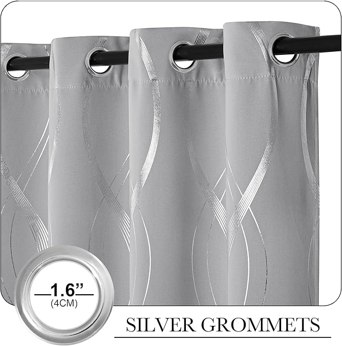 NICETOWN Silver Grey Pattern Curtains for Bedroom, 52 x 84 Inch Noise Reducing Thermal Insulated Wave Line Foil Print Design Room Darkening Window for Patio Sliding Glass Door(2 Panels)