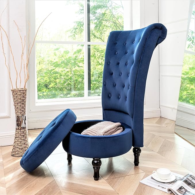 Royal High-Back Velvet Accent Chair for Vanity with Storage and Luxurious Upholstery, Retro Design and Versatile Usage for Living Room, Bedroom, Lounge and Office, Dark Blue