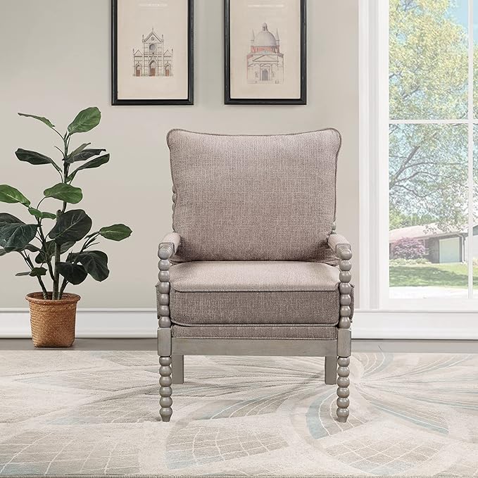 OSP Home Furnishings Abbott Spindle Accent Chair with Padded Spring Seat and Brushed Grey Base, Dolphin Beige Fabric