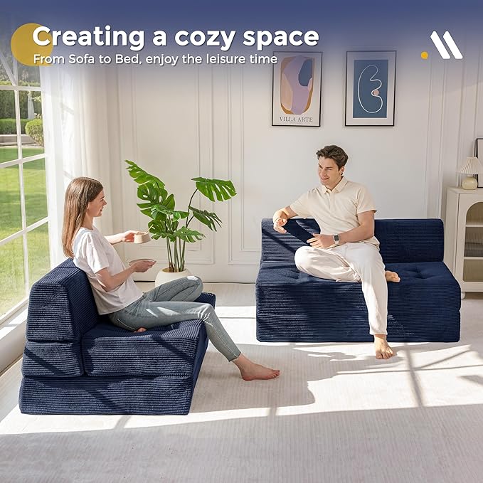 MAXYOYO 8" Folding Sofa Bed, Convertible Sleeper Sofa Lounger Foldable Mattress, Wedge Shape Floor Couch Tufted Fold Out Chair Bed Comfy Floor Couch Lounge for Living Room Bedroom, Loveseat, Navy