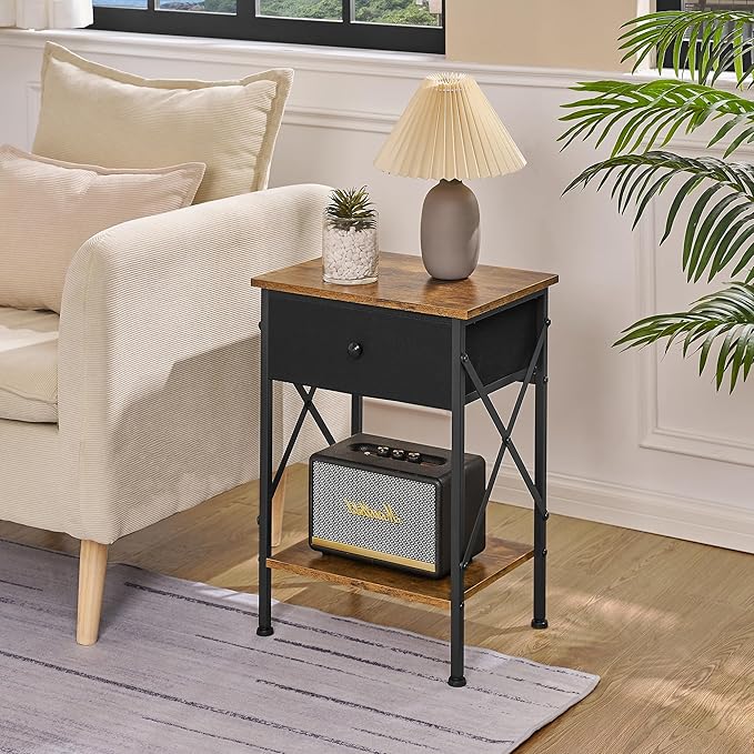VECELO Nightstand, X-Design End Side Table with Fabric Storage Drawer and Open Shelf, Bedside Night Stand with Steel Frame for Bedroom, Living Room,Dorm, Easy Assembly, Antique Brown