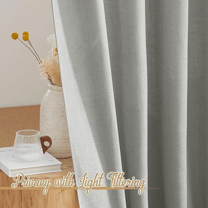 NICETOWN Linen Gray 108 inch Curtains for Living Room, Rod Pocket & Back Tab Flax Linen Burlap Semi Sheer Eclectic Window Treatments Privacy with Light Filtering for Living Room, W52 x L108