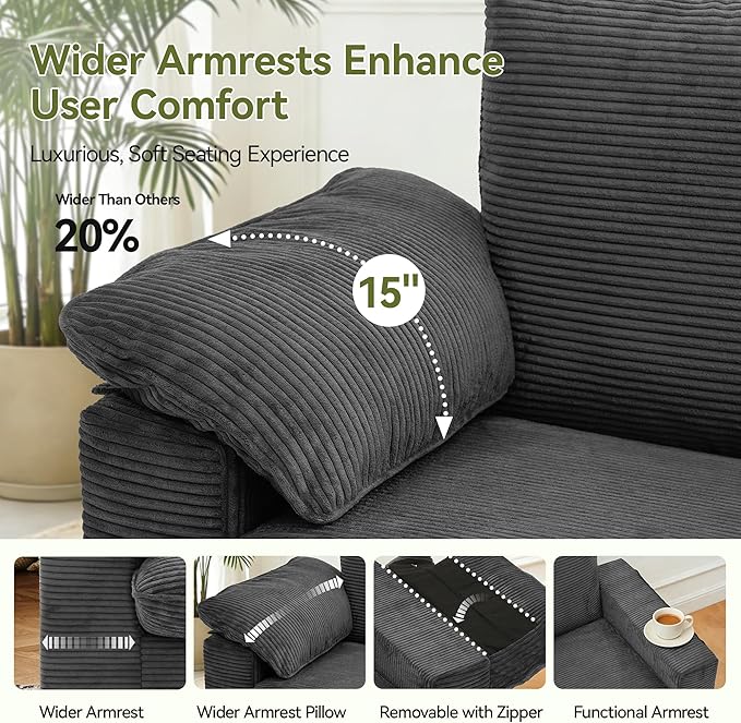 86" Loveseat Sofa Grey Corduroy Couch,Modern Cloud Sofa Love Seat, Deep Seat Slipcovered Sofa with 2 Wide Armrest Pillows for Small Spaces Apartment Studio Office Bedroom Living Room