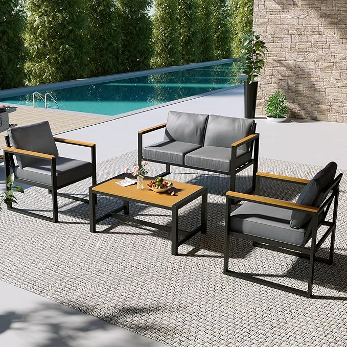 4 Pieces All-Weather Patio Conversation Set, Modern Patio Furniture, Metal Balcony Furniture with Coffee Table, Thick Cushion for Outdoor Porch, Gray