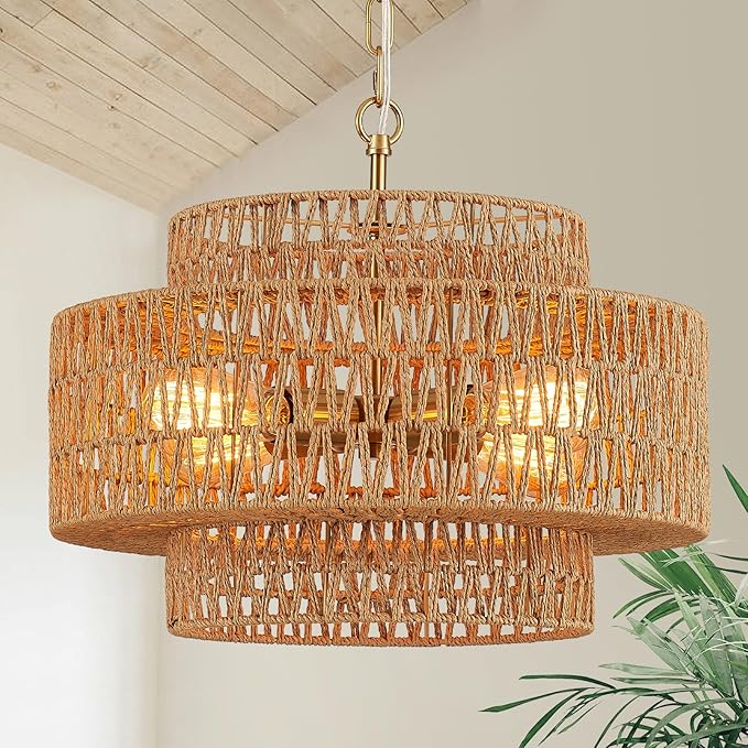 17.8" Boho Rattan Chandelier Light Fixture, 4-Light Golden Hand Woven Pendant Light Fixture Farmhouse Rustic Wicker Chandeliers for Kitchen, Bedroom, Dining Room, Living Room, Hallway, Foyer