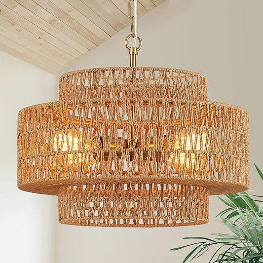 17.8" Boho Rattan Chandelier Light Fixture, 4-Light Golden Hand Woven Pendant Light Fixture Farmhouse Rustic Wicker Chandeliers for Kitchen, Bedroom, Dining Room, Living Room, Hallway, Foyer