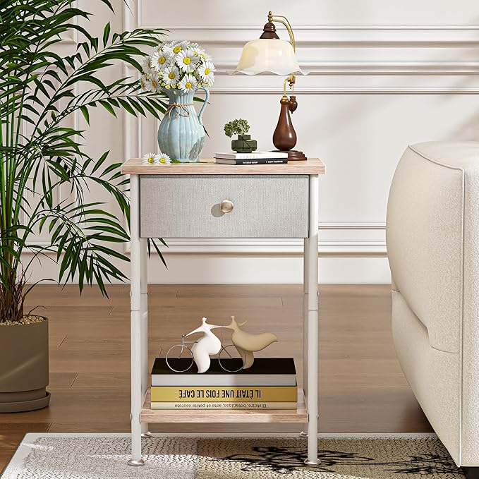 VECELO End Tables, Modern Nightstand with Fabric Drawer & Open Shelf, Night Stand for Bedroom Living Room, Industrial Metal Frame, Easy Assembly, Grey,2 Pack