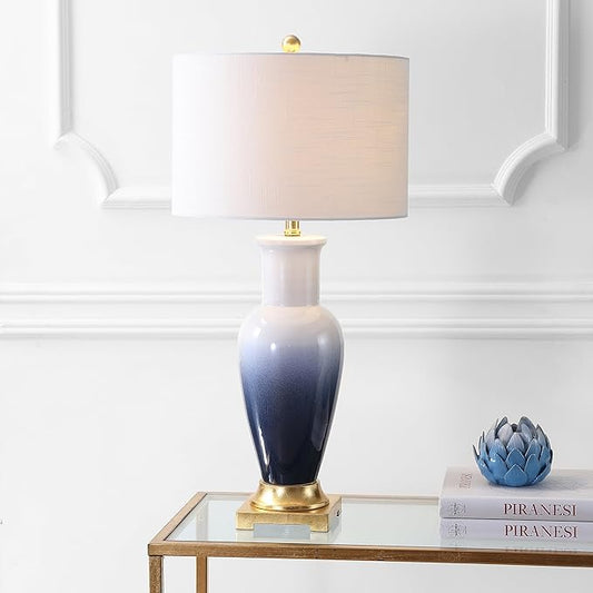 JONATHAN Y 31.5" White/Navy Blue Dip Dye Ceramic Table Lamp for Living Room, Large Bedside Lamp for Bedroom with White Linen Drum Shade, Traditional End Table Light, LED Bulb JYL3017A
