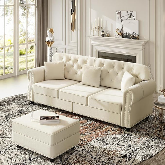 KEIKI 83" Velvet Chesterfield Sofa with Rolled Arms & Nailhead Trim & 1 Ottoman, Modern 3-Seater Button Tufted Couch with High Resilience Cushion & 3 Pillow, Easy Assembly, for Living Room, White