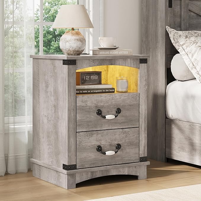 Maupvit Farmhouse Night Stand with Charger Station & Ceramic Handle, Wood Nightstand with 2 Storage Drawers, LED Bedroom Nightstand, Bedside Tables, Grey