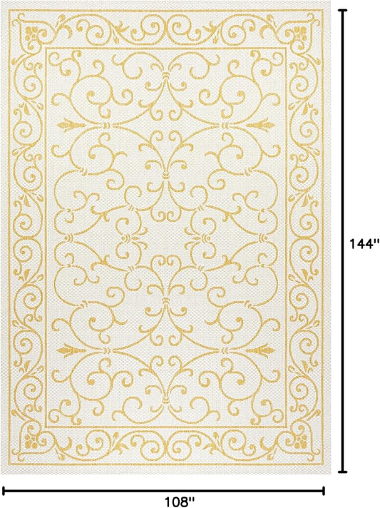 JONATHAN Y Vintage Filigree Indoor Outdoor Area Rug 9X12 Cream/Yellow, Charleston Textured Weave for Backyard, Patio, Porch, Easy-Cleaning, High Traffic, Pet-Friendly, Non-Shedding (SMB106M-9)