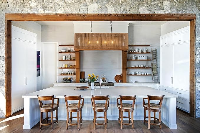 Wellmet Boho Chandelier Light Fixture 42 Inch, Farmhouse Rattan Pendant Light for Dining Room, Rustic Rectangular Chandeliers for Living Room, Bedroom, Kitchen Island (Rattan, 42 Inches)