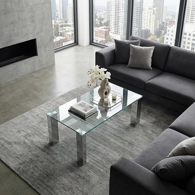 Cortesi Home Isaak Contemporary Glass Coffee Table with Chrome Finish