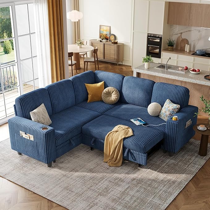 LINSY HOME Sleeper Sofa Bed with Pull Out Couch Modular Sectional Sofa (Blue, Sleeper Sofa 2) | Pull Out Sofa Bed, USB Charging, Cup Holders, Plush Corduroy, Storage | Pull Out Sofa Bed, USB Charging, Cup Holders, Plush Corduroy, Storage, Convertible