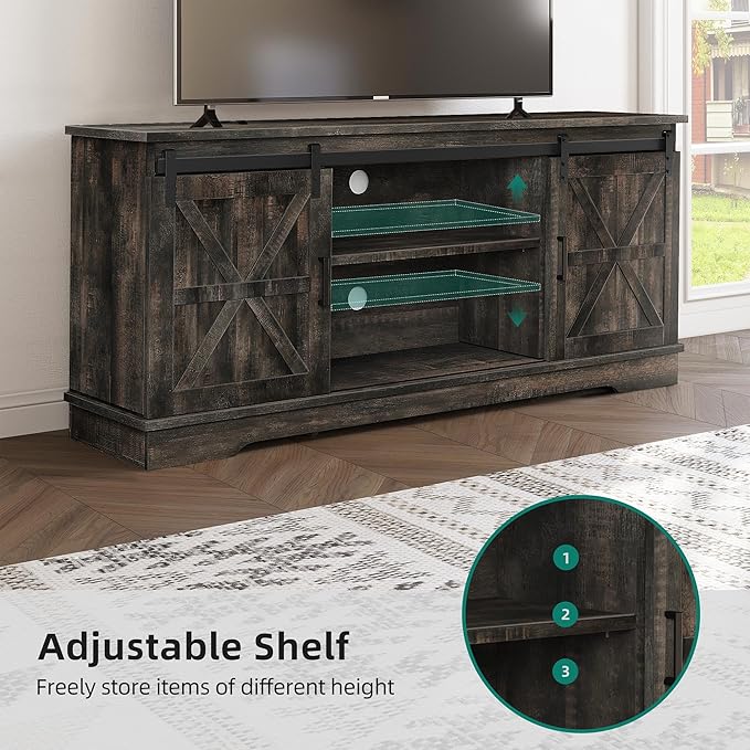 YITAHOME Farmhouse TV Stand for 65 Inch Television Stand, Entertainment Center with Storage Cabinets and Sliding Barn Doors, Rustic Media TV Console Table for Living Room, Dark Rustic Oak