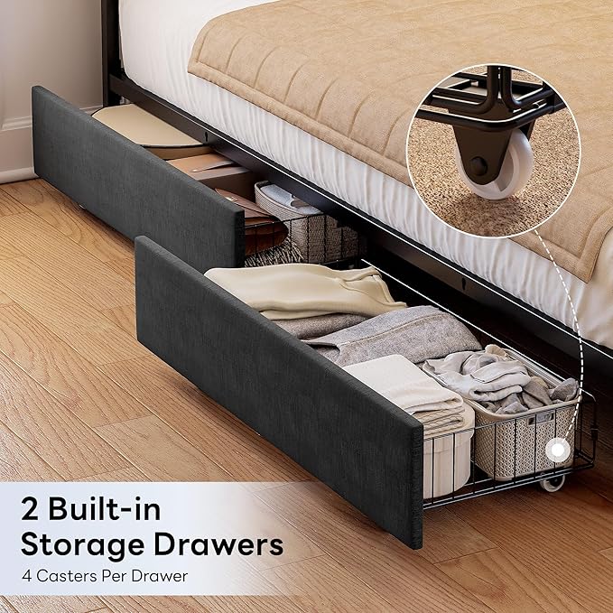 LIKIMIO Twin XL Corner Bed Frame with Storage Drawers and Charging Station, Modern Twin XL Daybed with LED Lights and Upholstered Guardrail, Gray