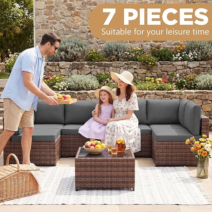 LHBcraft Patio Furniture Set,7 Pieces Outdoor Wicker Rattan Patio Furniture, Wicker Rattan Outdoor Sectional Sofa Set with Coffee Table for Garden, Poolside Taupe-Grey