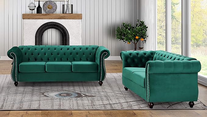 Container Furniture Direct Feinstein Modern Velvet Chesterfield Couches for Living Room with Nailheads, Diamond Tufting & Durable Metal Frame, Loveseat, Green