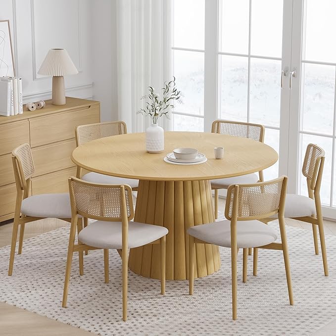 Casaphoria 52" Round Dining Table, Modern Wood Kitchen Table with Cone Shaped Strip Convex Base for Living Room & Dining Room, Easy Assembly Farmhouse Furniture for 4-6, Oak