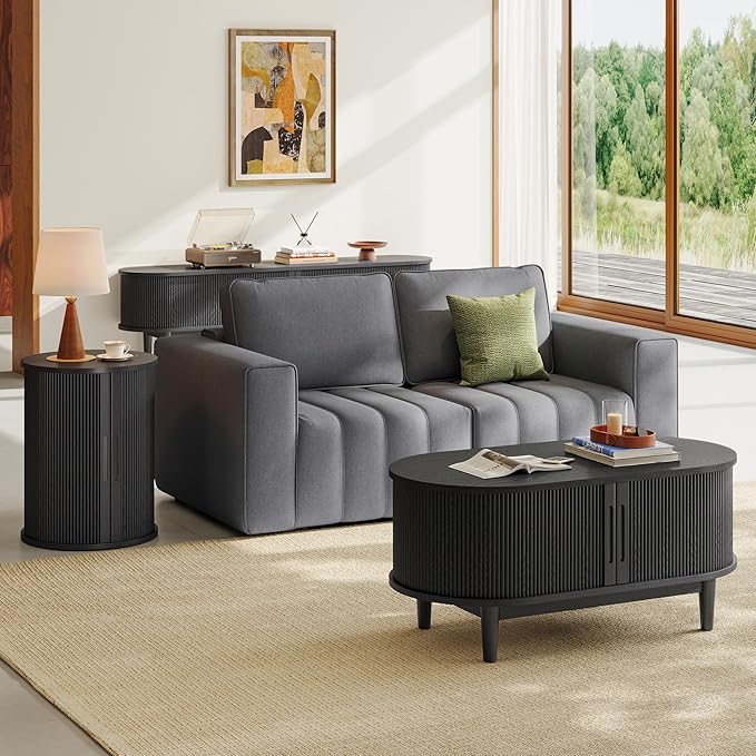 LINSY HOME Round End Table, Fluted Side Table with Sliding Tambour Door and Storage Shelf, Mid Century Modern Circular Nightstand for Bedroom, Wood Boho Tall Bedside Cabinet for Small Space, Black