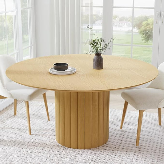 Casaphoria 60" Round Dining Table, Modern Wood Kitchen Table with Cylindrical Wide Bar Protruding Base for Living Room & Dining Room, Easy Assembly Farmhouse Furniture for 4-6, Oak