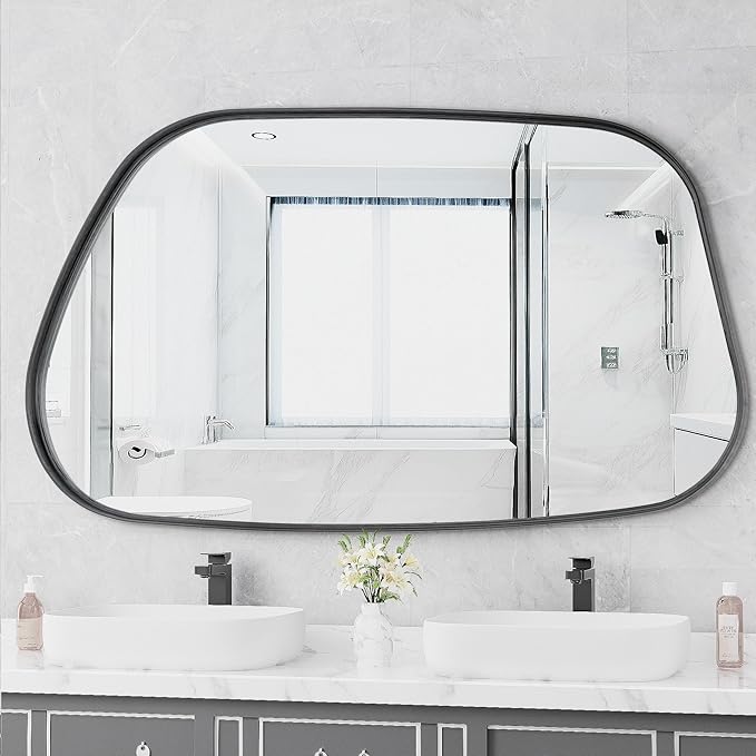 Irregular Wall Mirror 55"x28" Bathroom Mirrors Asymmetrical Artistic Decorative for Living Room Bedroom Bathroom Hallway Entryway,Trapezoid,Black