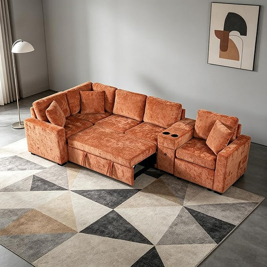 ERYE 120.5-Inch Oversized Sleeper Sectional Sofa W/Pull Out Sleeper Couch Bed, Modern Chenille Upholstered Reversible Modular Sectional Sleeper Sofa with Console & Cupholders | Storage