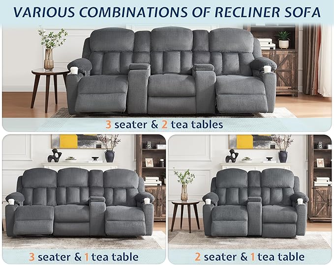 Jocisland Manual Recliner Couch, 3 Seater Reclining with Dual Console& Charging Socket, Reclining Sofa- Comfy Recliner with Cup Holders for Living Room(Grey)