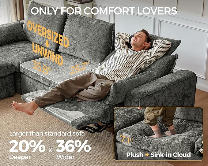 174.4'' Oversized Modular Power Recliner Sofa with Headrest, Deep Cloud Couch with Table, Charging Cup Holders, Convertible U-Shaped 6-Seater Sectional with 2 Storage Ottomans, Chenille, Grey