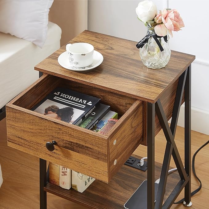 VECELO End Table with Charging Station, Night Stand with Drawers, 2-Tier Bedside Tables with USB Ports & Outlets, Side Table with Storage Shelf for Living Room/Bedroom, Rustic Brown