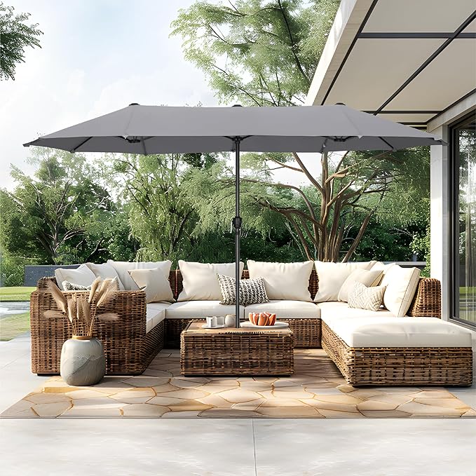 PHI VILLA 13ft Large Patio Umbrellas, Double-Sided Outdoor Market Rectangle Umbrella for Outside, Light Gray