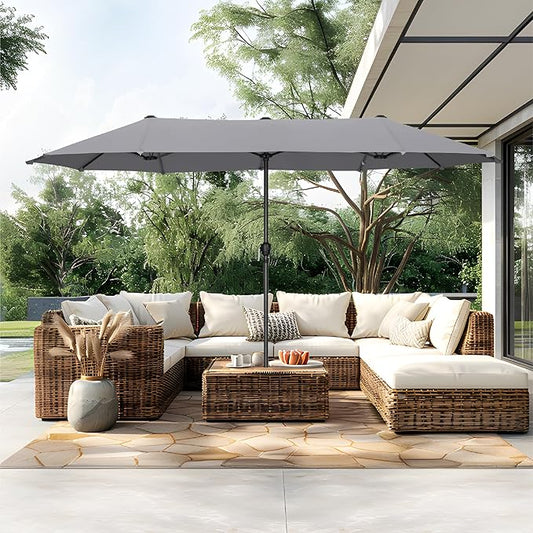 PHI VILLA 13ft Large Patio Umbrellas, Double-Sided Outdoor Market Rectangle Umbrella for Outside, Light Gray