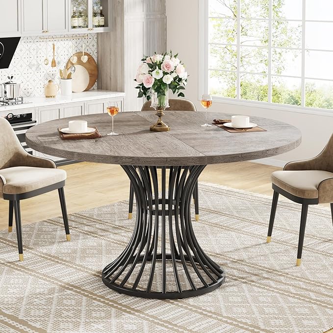 Tribesigns Round Dining Table for 4-6 People, 47-Inch Farmhouse Dinning Room Circle Kitchen Table, Industrial Dinner Table with Metal Base for Kitchen, Living Room, Gray