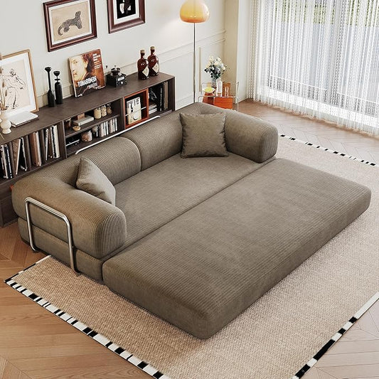 79" Convertible Sofa Bed, Corduroy Folding Pull Out Couch with Pillows, No Assembly Modern Boneless Couch Compression Sofa in Box, Floor Sofa with Support Rods for Living Room,Camel
