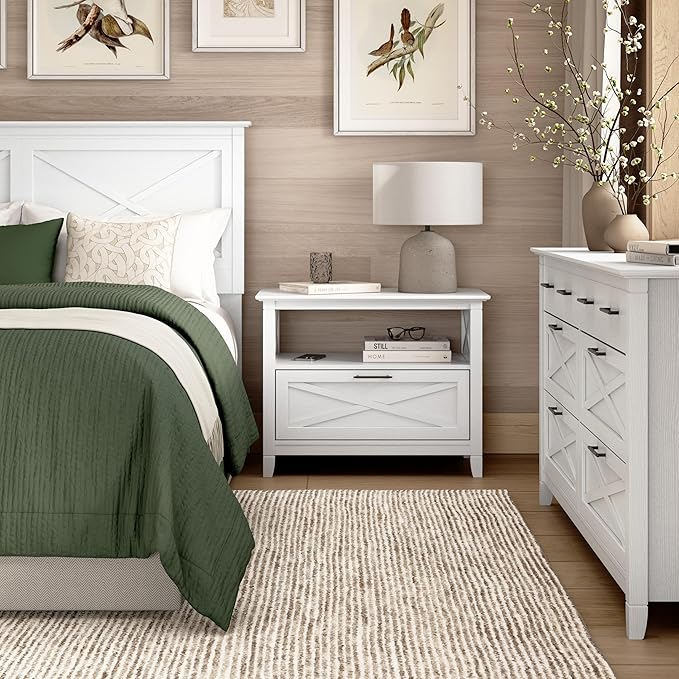 Bush Home 32-inch Nightstand with Drawer, Bedroom Furniture, Key West Collection, Pure White Oak