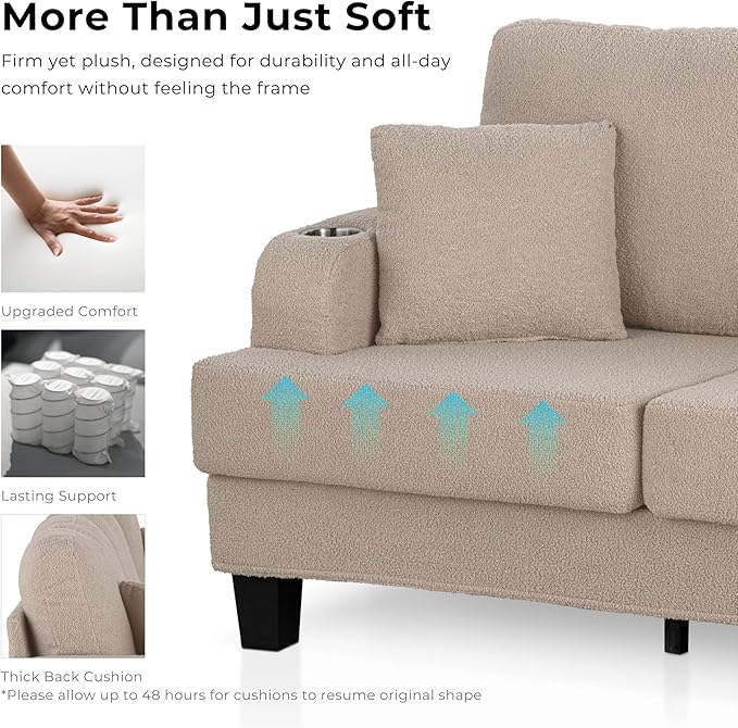 Homes: Inside + Out Reese Modern Plush Boucle Comfortable Loveseat with Side Pockets, Cup Holders and Pillows, Wooden Soft Couch for Living Room, Bedroom and Office, Dark Grey