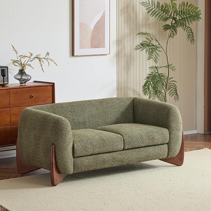 Christopher Knight Home Alma 63" Boucle Loveseat with Wood Legs, 2 Seater Sofa Couches for Living Room, Upholstered Couch Chair, Soft Seating Lounge Sofa Chair, Cozy Loveseat with Armrest, Olive Green