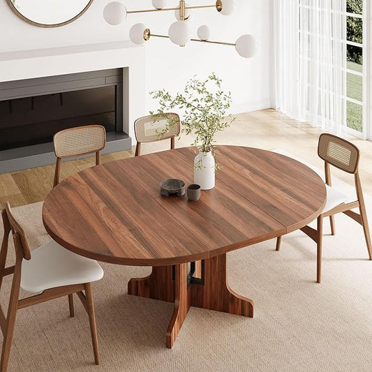 Feonase 59" Round Extendable Dining Room Table for 4-6, Modern Oval Kitchen Table with Heavy Duty Wood Base, Metal Frame Support, for Dining Kitchen Living Room, Easy Assembly, Noise-Free, Walnut